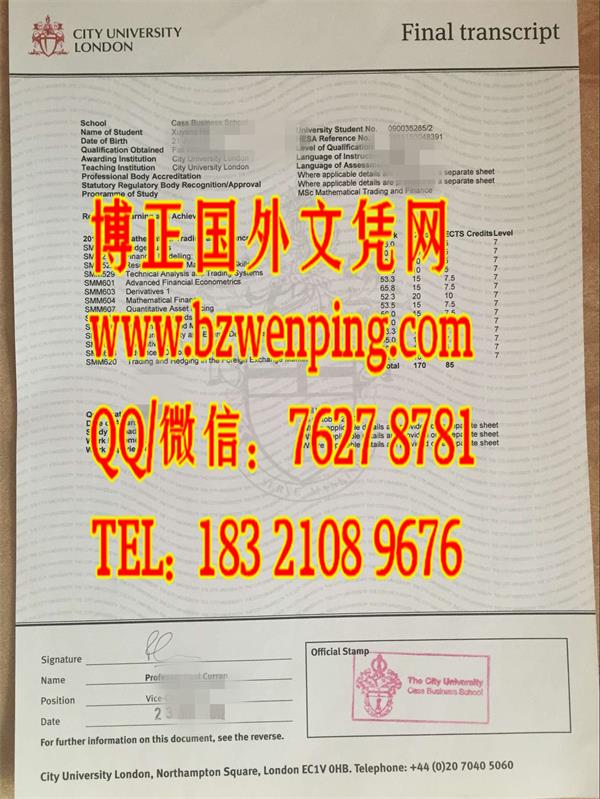 真实原件：英国伦敦城市大学成绩单，City, University of London Transcript