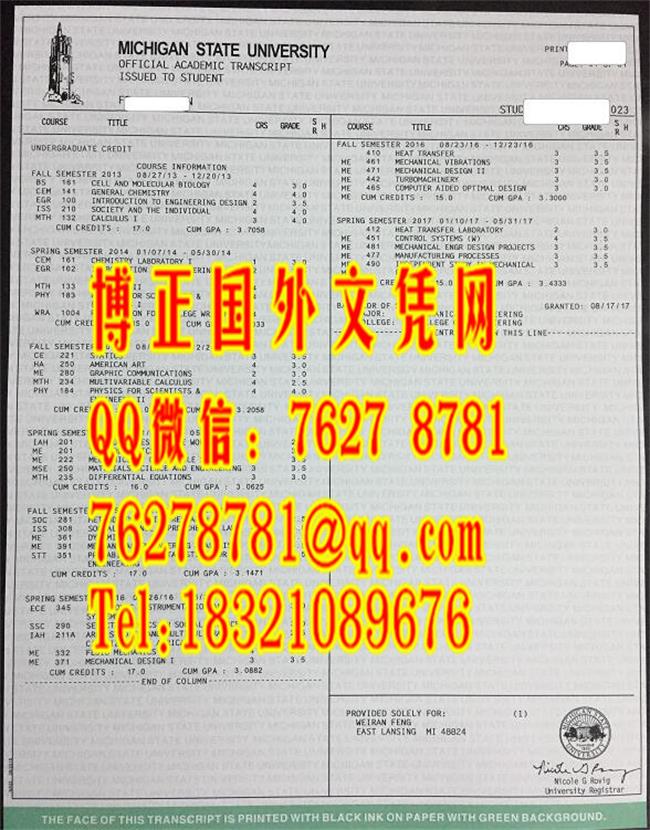美国密歇根州立大学Michigan State University成绩单样式