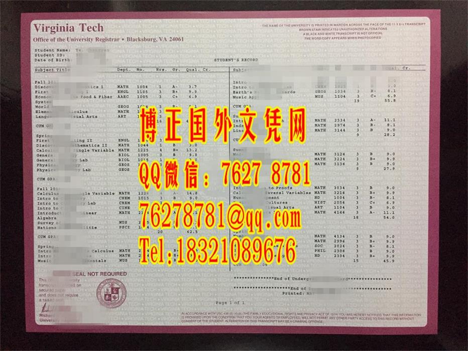 美国弗吉尼亚理工大学成绩单，Virginia Polytechnic Institute and State University transcript
