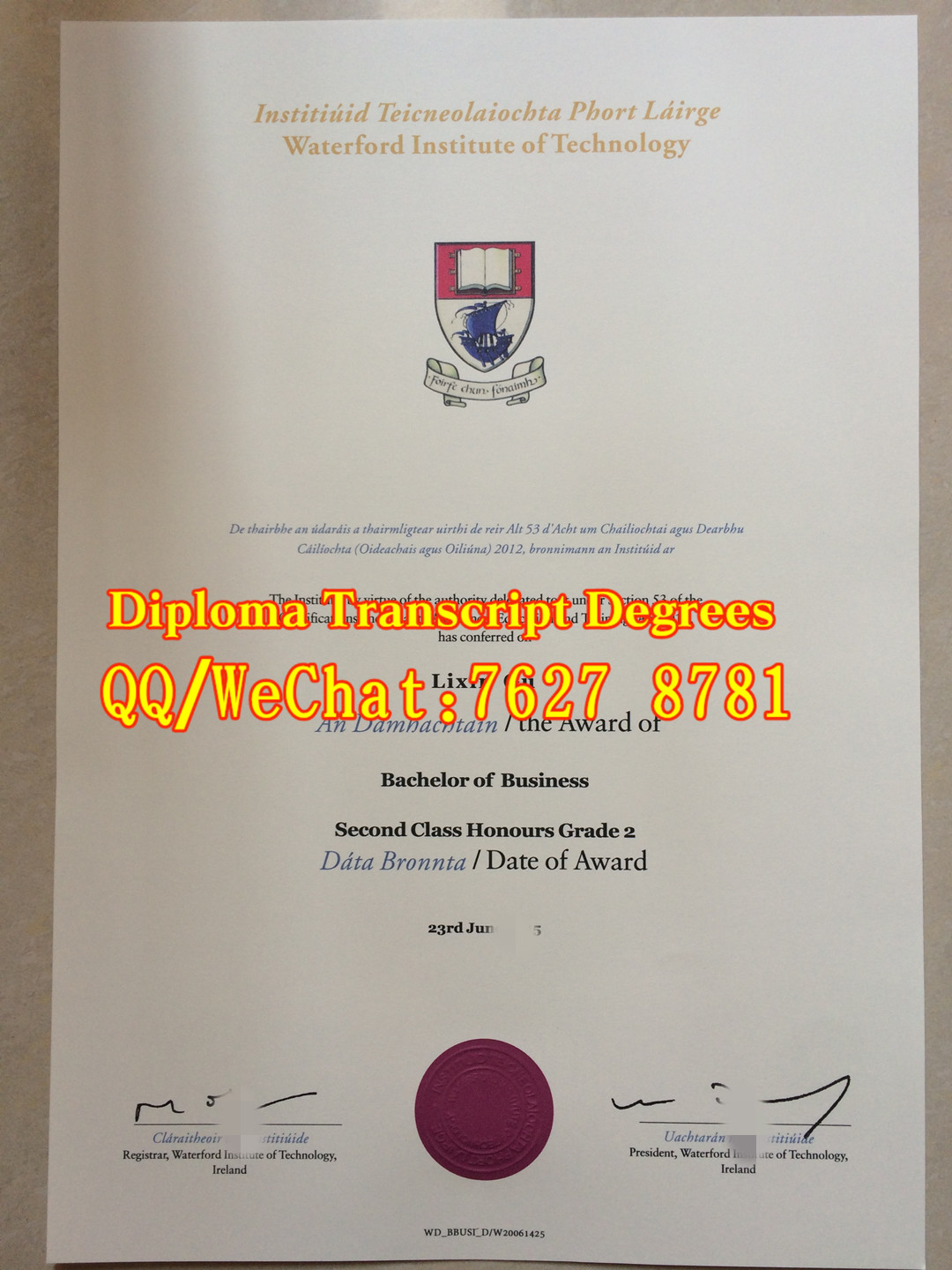 爱尔兰沃特福德理工学院毕业证图片Waterford Institute of Technology diploma