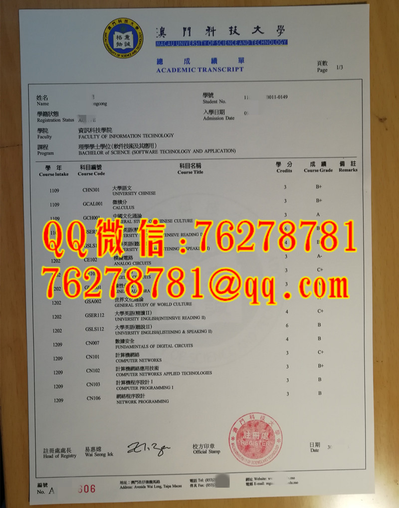澳门科技大学成绩单软件工程及其应用理学学士