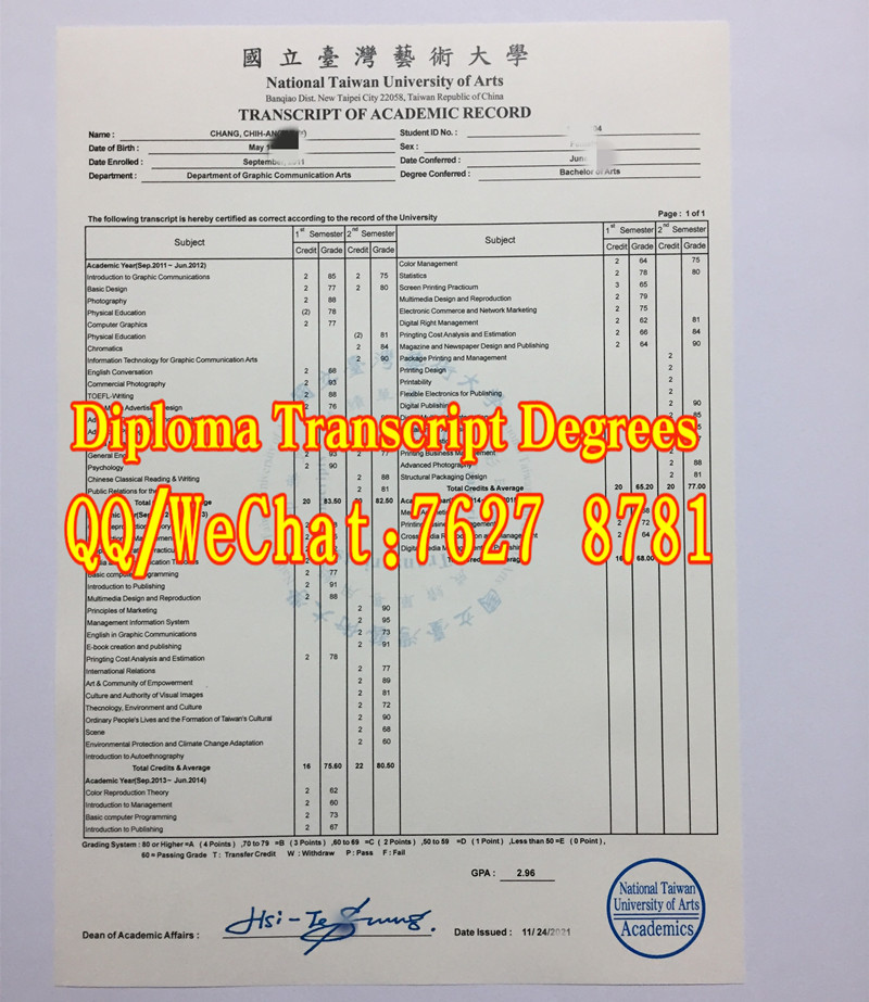國立臺灣藝術大學學業成績單