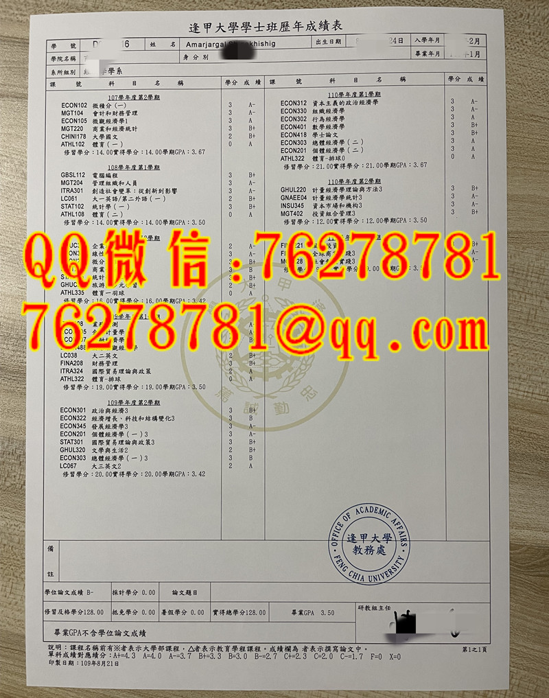 逢甲大學商學院經濟學系外籍生學士班歷年成績單原版樣本