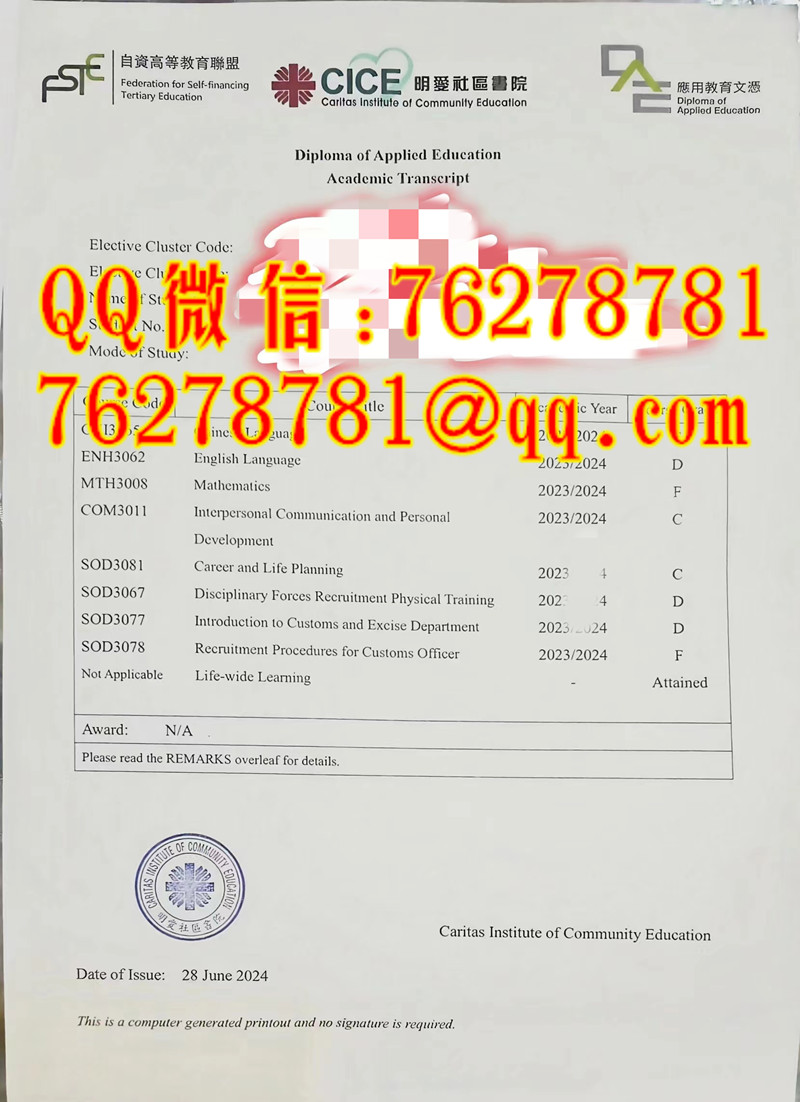 香港明爱社区书院应用教育文凭成绩单翻译