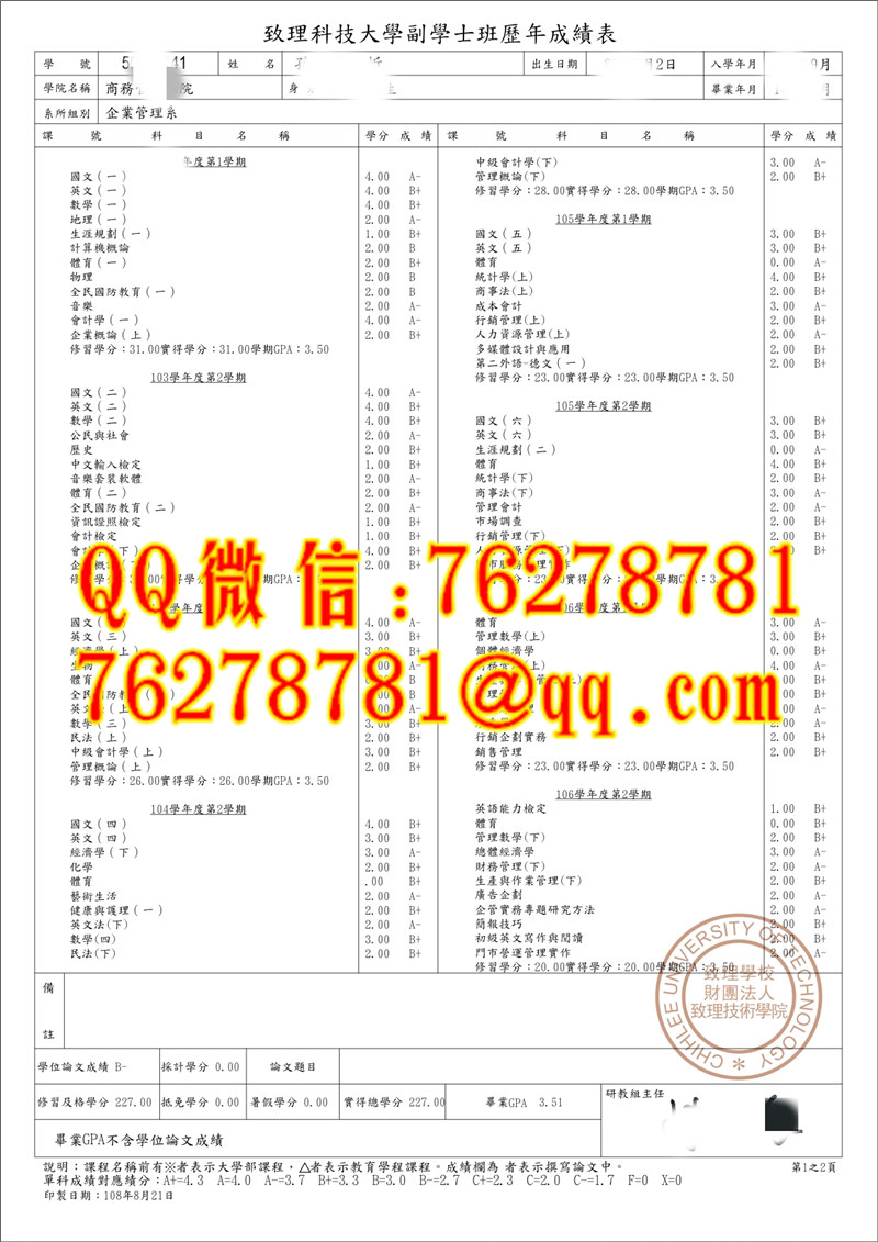 致理科技大学企业管理系副学士历年成绩单｜2019 台湾二技成绩单