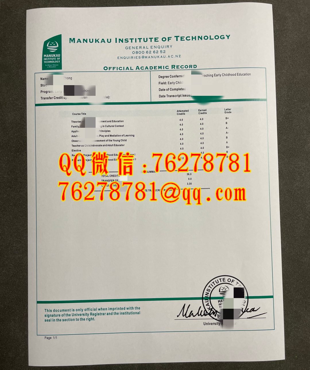 新西兰马努卡理工学院成绩单｜Manukau Institute of Technology transcript