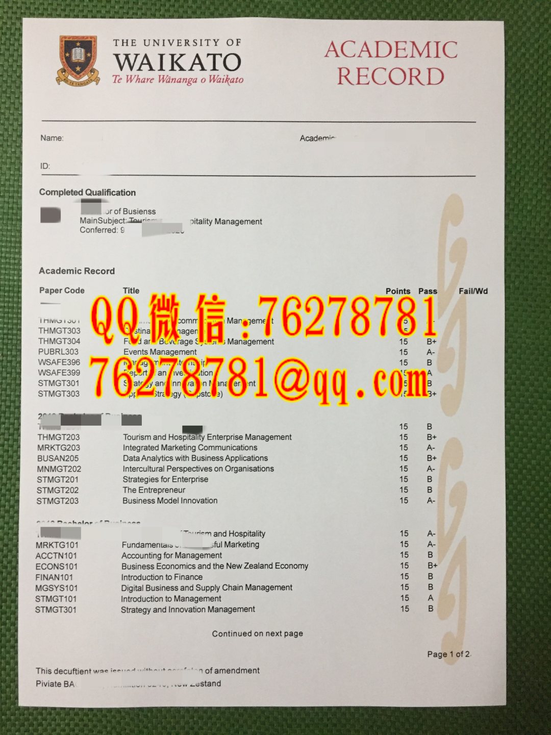 新西兰怀卡托大学成绩单 University of Waikato transcript