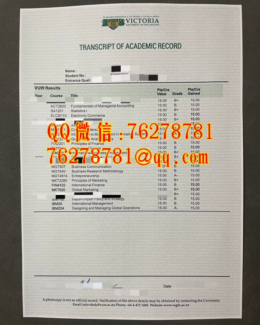 新西兰惠灵顿维多利亚大学成绩单 Te Herenga Waka‑Victoria University of Wellington transcript